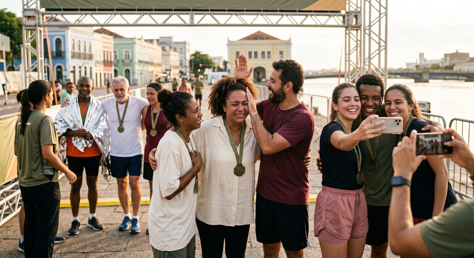 Participantes comemorando juntos após uma corrida