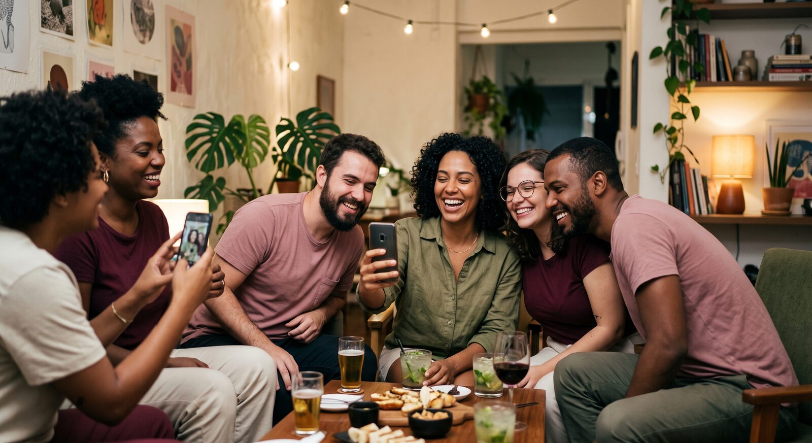 Grupo de amigos reunido e registrando o encontro